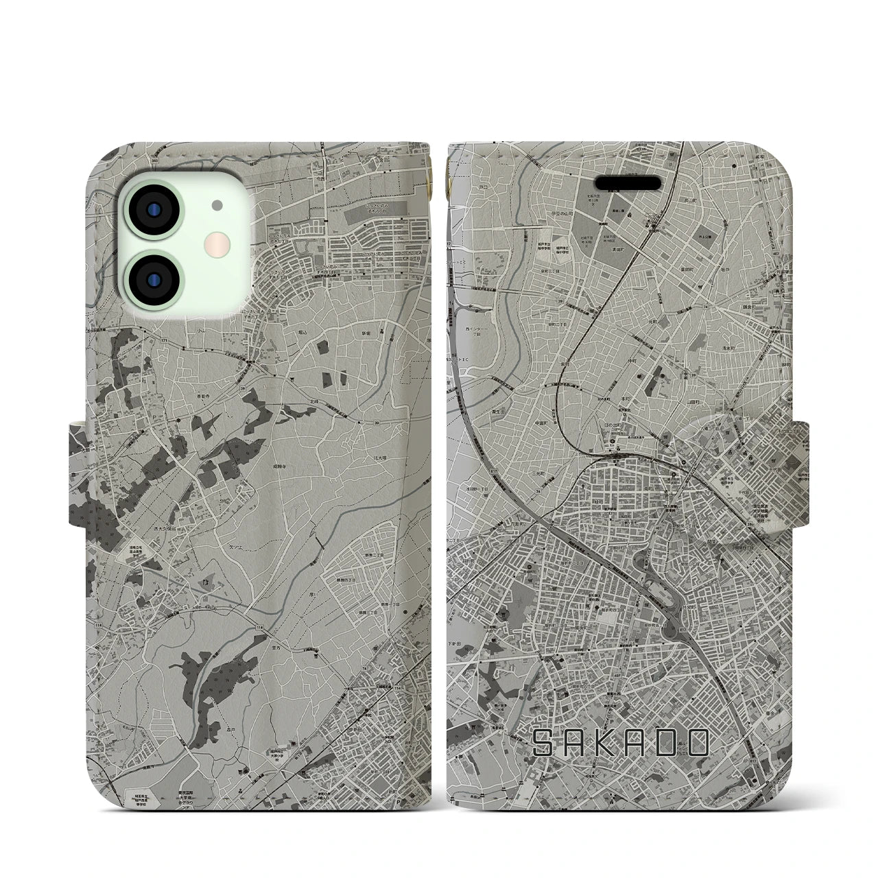 【坂戸(埼玉県)】地図柄iPhoneケース(手帳タイプ)モノトーン・iPhone 12 mini 用