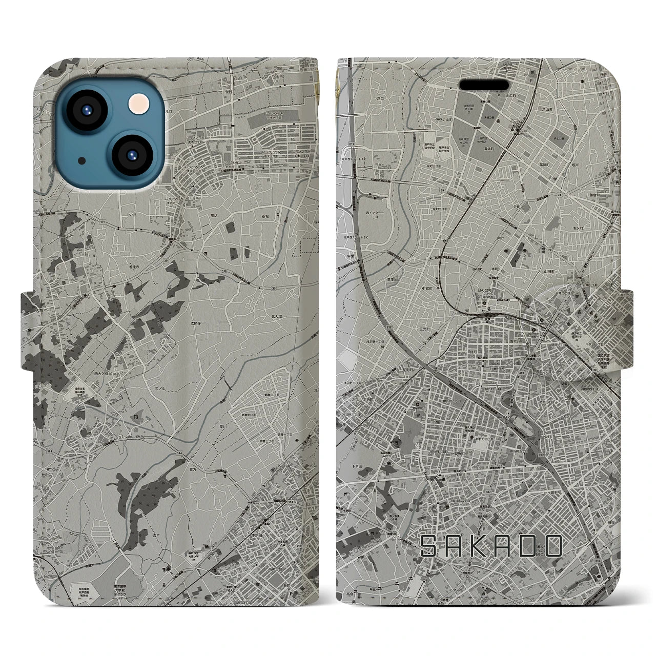 【坂戸(埼玉県)】地図柄iPhoneケース(手帳タイプ)モノトーン・iPhone 13 用