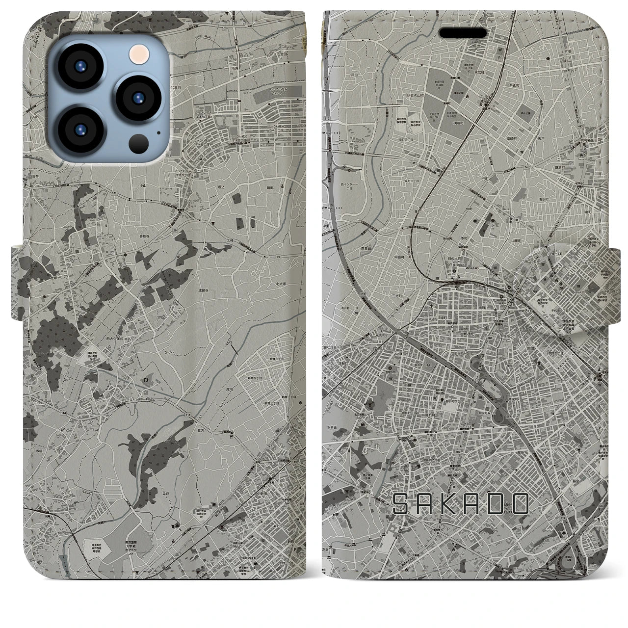 【坂戸(埼玉県)】地図柄iPhoneケース(手帳タイプ)モノトーン・iPhone 13 Pro Max 用
