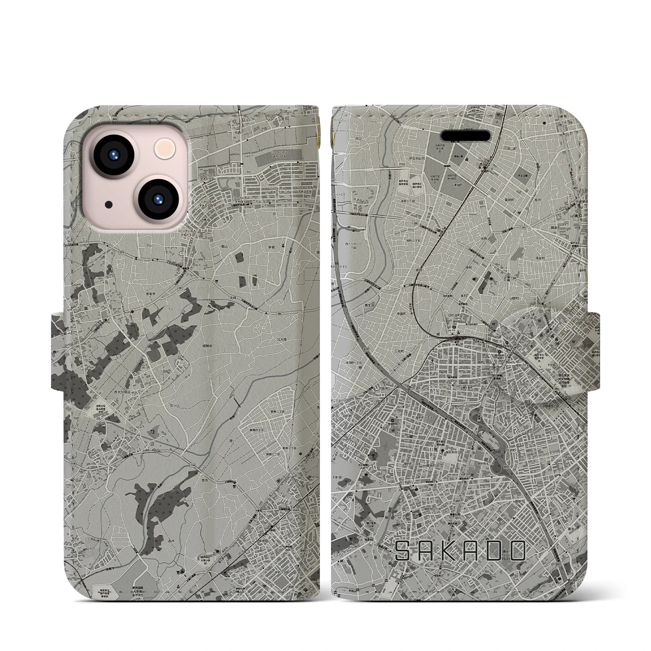 【坂戸(埼玉県)】地図柄iPhoneケース(手帳タイプ)モノトーン・iPhone 13 mini 用