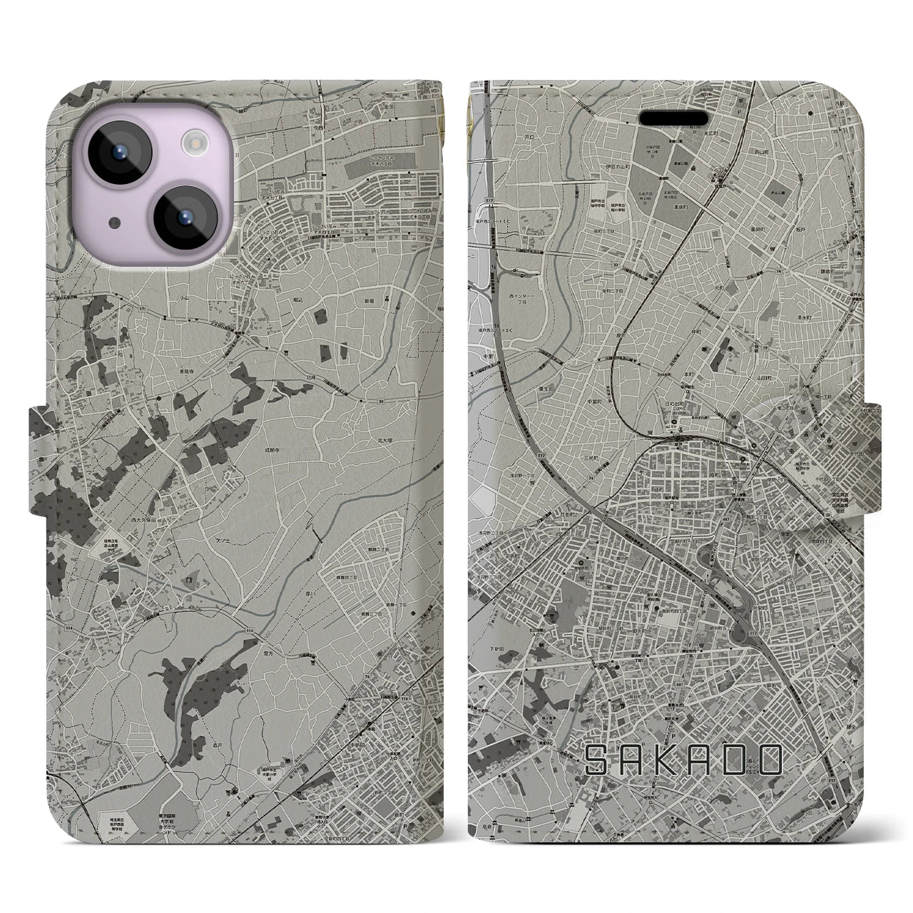 【坂戸(埼玉県)】地図柄iPhoneケース(手帳タイプ)モノトーン・iPhone 14 用
