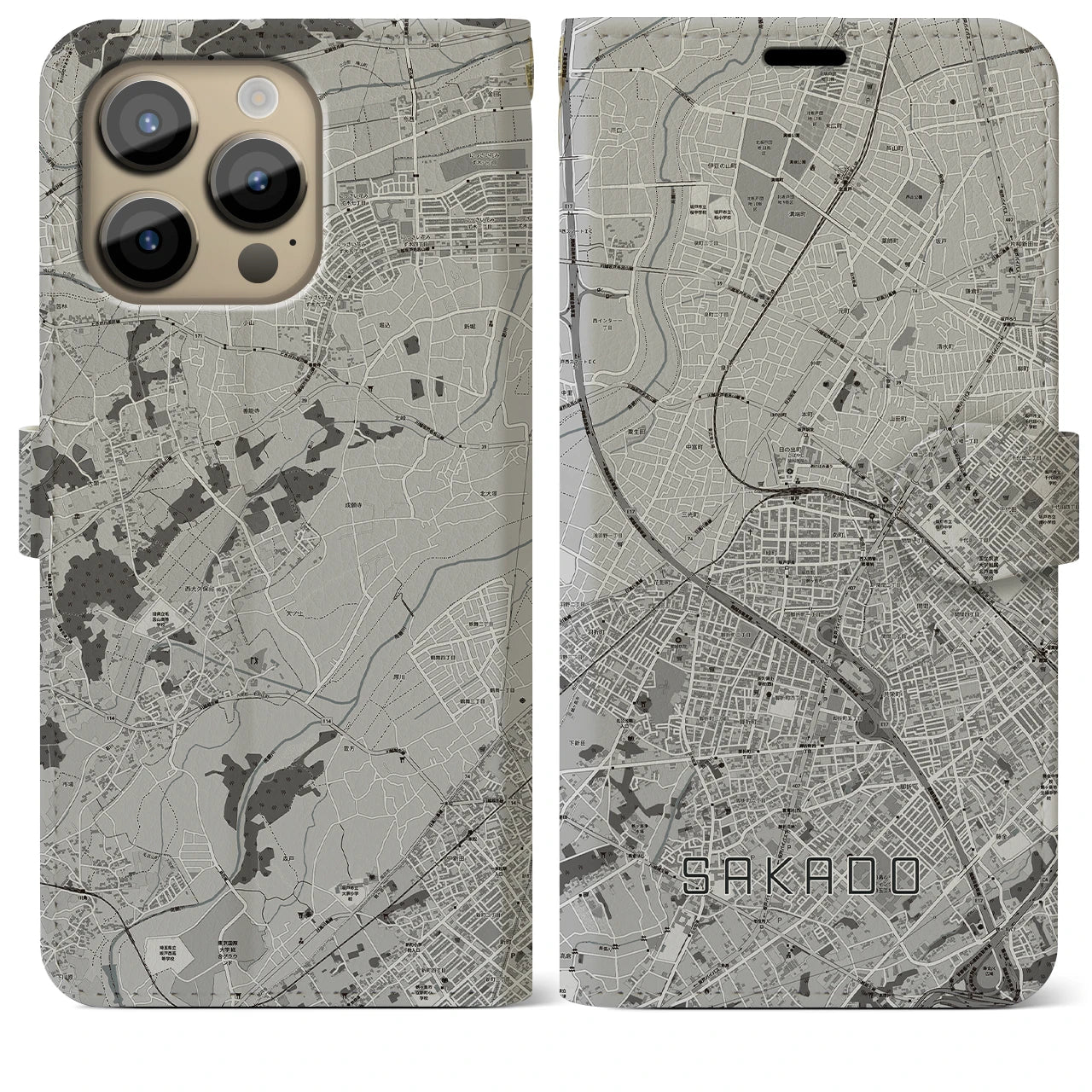 【坂戸(埼玉県)】地図柄iPhoneケース(手帳タイプ)モノトーン・iPhone 14 Pro Max 用