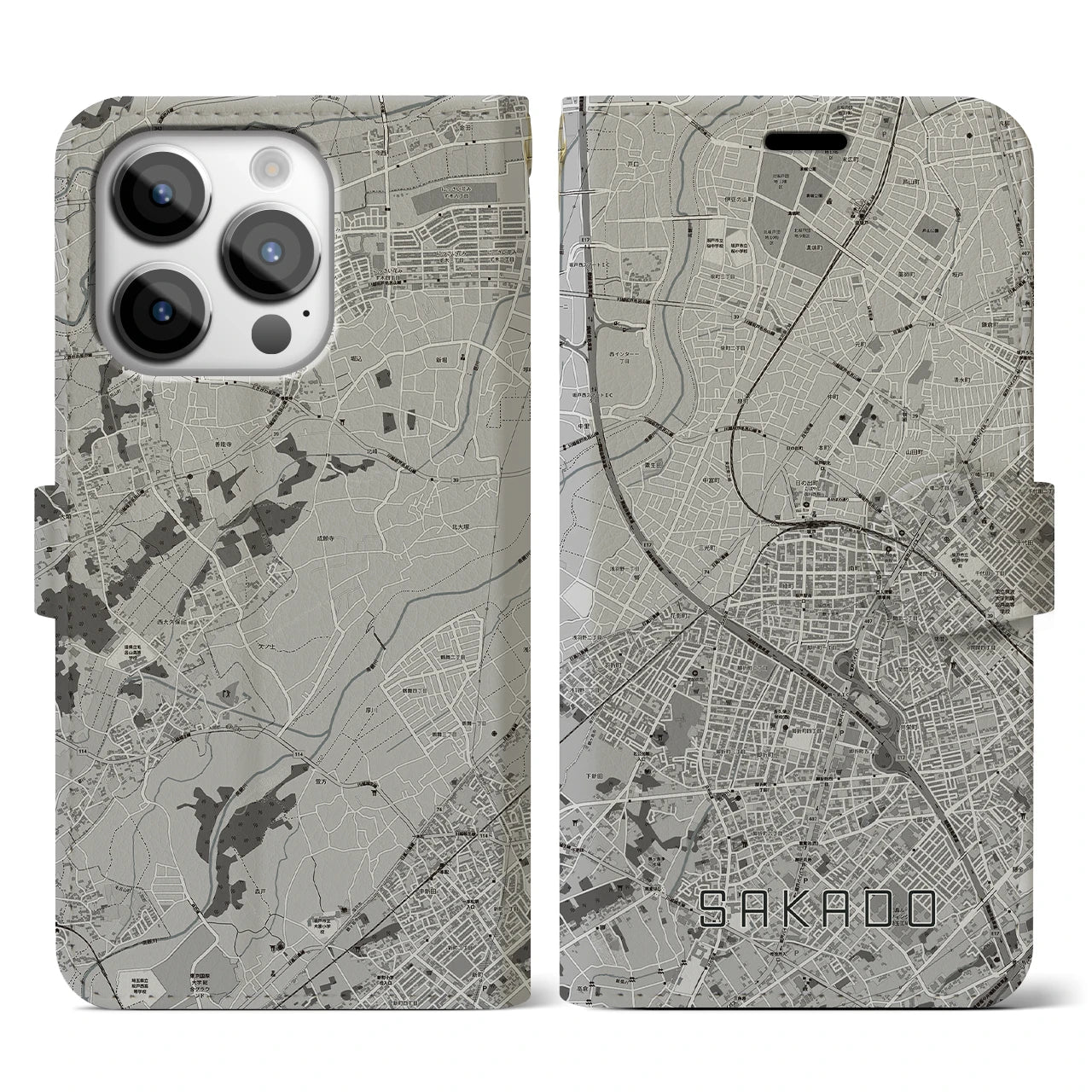 【坂戸(埼玉県)】地図柄iPhoneケース(手帳タイプ)モノトーン・iPhone 14 Pro 用