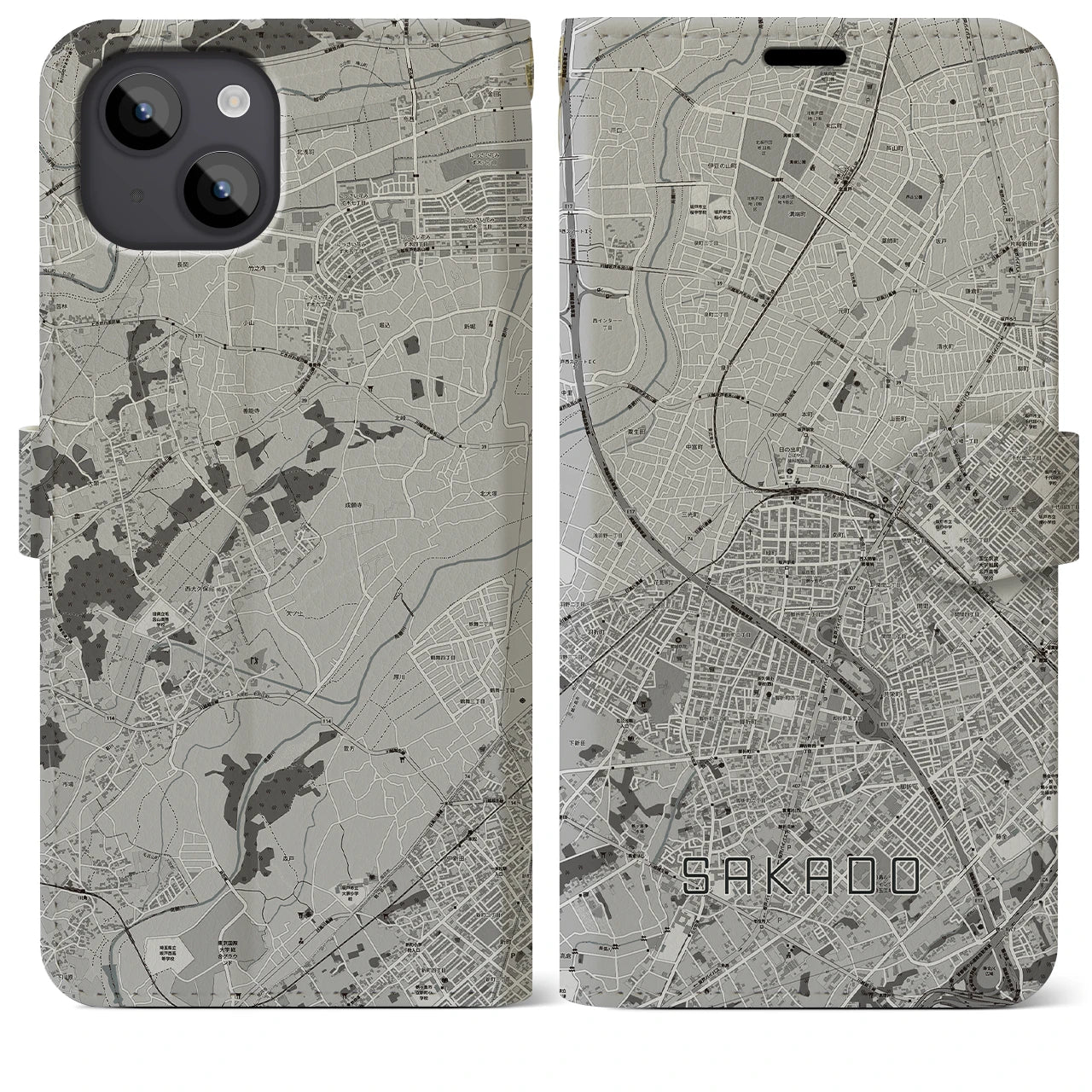 【坂戸(埼玉県)】地図柄iPhoneケース(手帳タイプ)モノトーン・iPhone 14 Plus 用