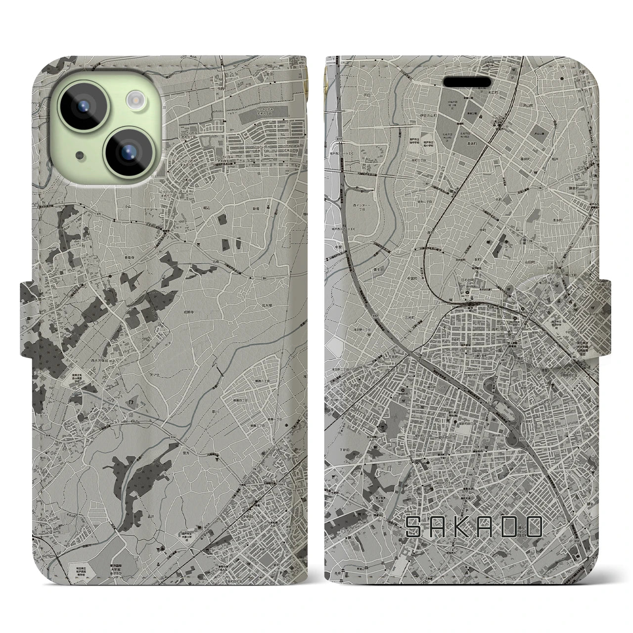 【坂戸(埼玉県)】地図柄iPhoneケース(手帳タイプ)モノトーン・iPhone 15 用