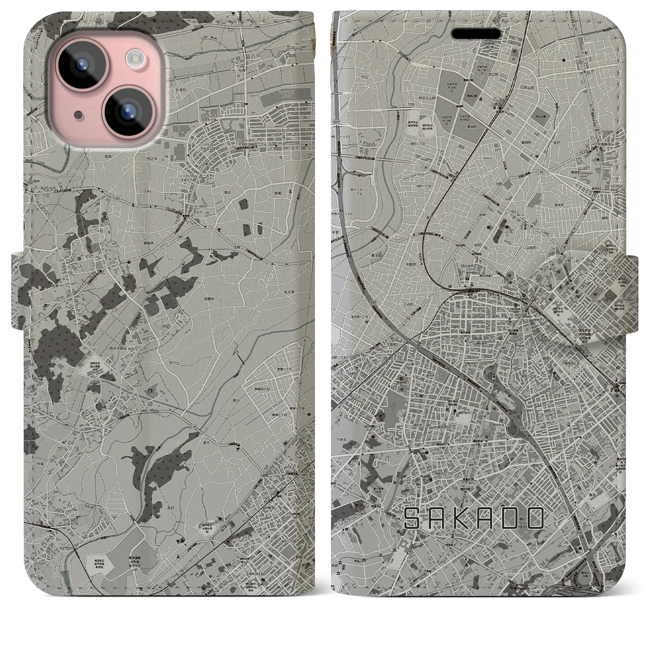 【坂戸(埼玉県)】地図柄iPhoneケース(手帳タイプ)モノトーン・iPhone 15 Plus 用