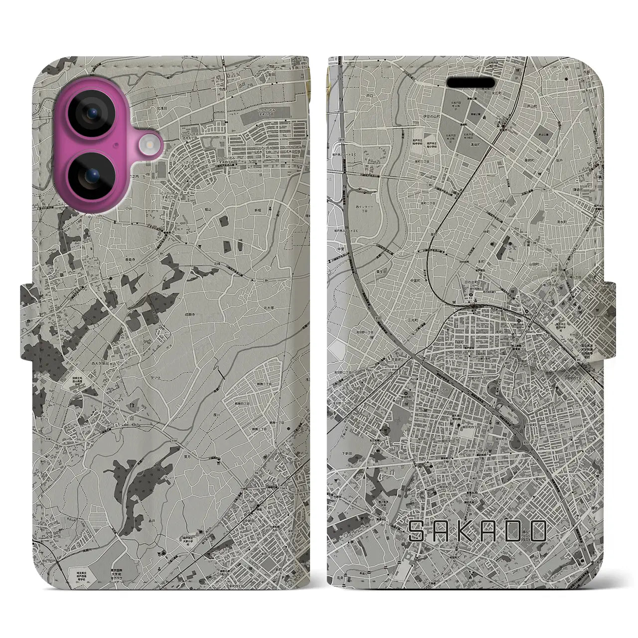 【坂戸(埼玉県)】地図柄iPhoneケース(手帳タイプ)モノトーン・iPhone 16 Pro 用