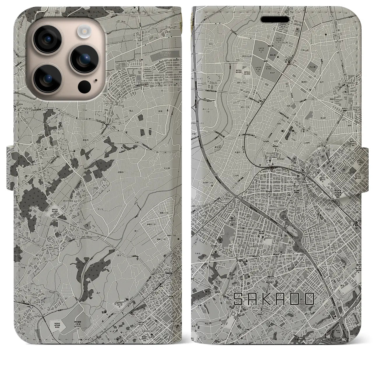 【坂戸(埼玉県)】地図柄iPhoneケース(手帳タイプ)モノトーン・iPhone 16 Plus 用