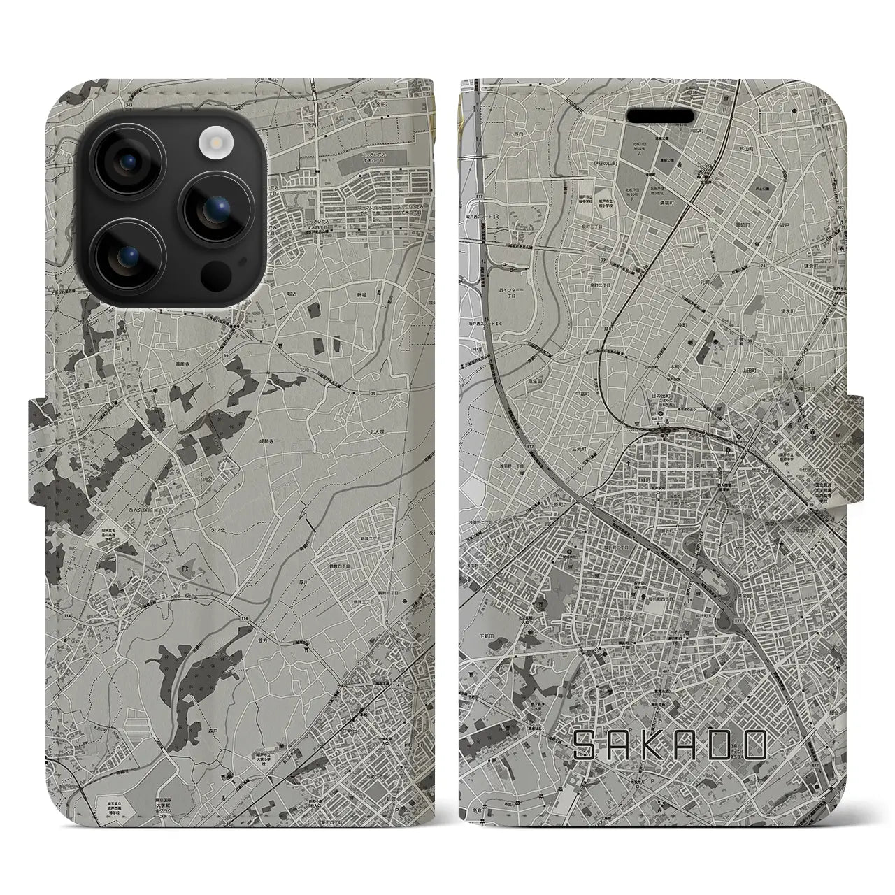 【坂戸(埼玉県)】地図柄iPhoneケース(手帳タイプ)モノトーン・iPhone 16 用