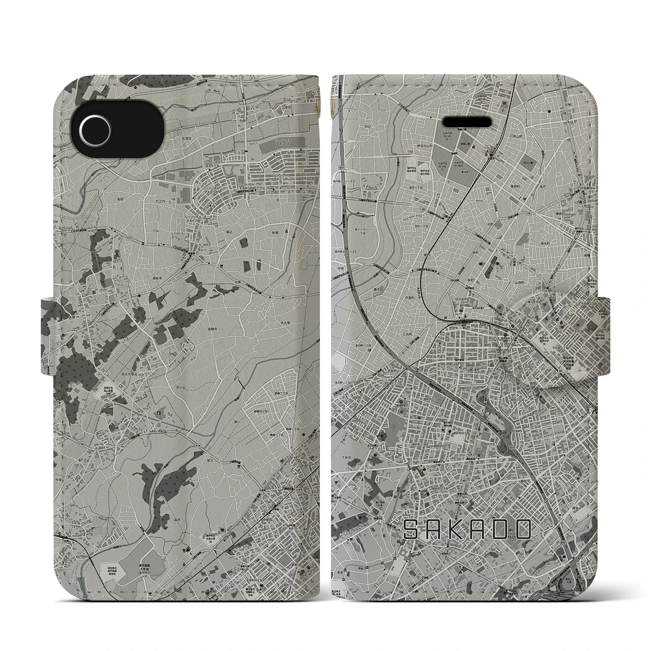 【坂戸(埼玉県)】地図柄iPhoneケース(手帳タイプ)モノトーン・iPhone SE(第3 / 第2世代) / 8 / 7 / 6s / 6 用
