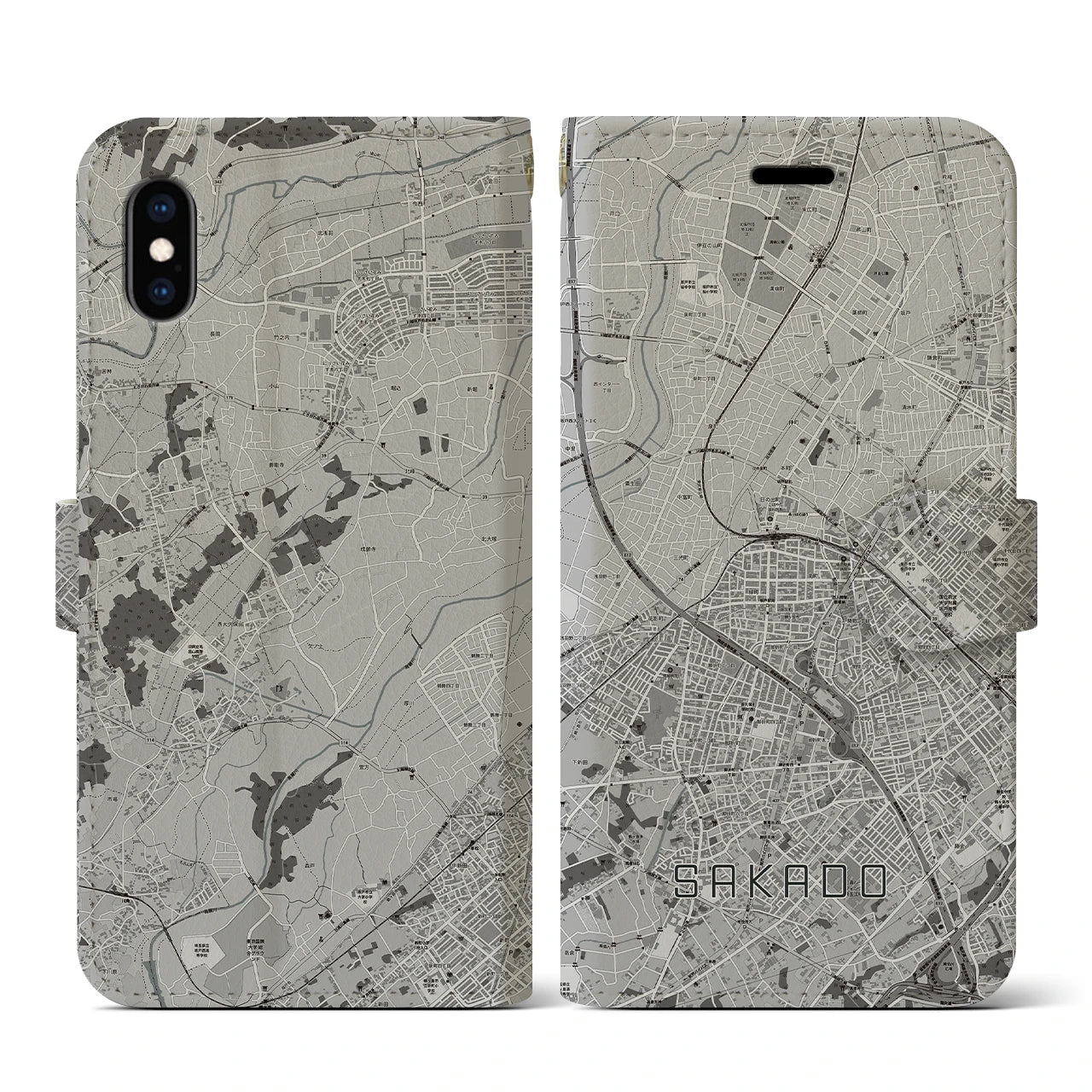 【坂戸(埼玉県)】地図柄iPhoneケース(手帳タイプ)モノトーン・iPhone XS / X 用