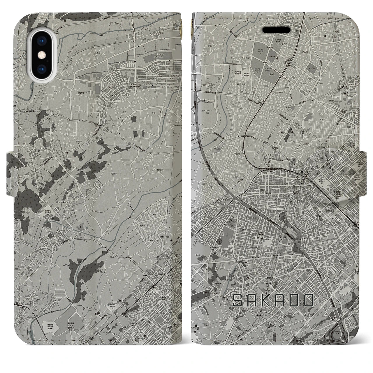 【坂戸(埼玉県)】地図柄iPhoneケース(手帳タイプ)モノトーン・iPhone XS Max 用