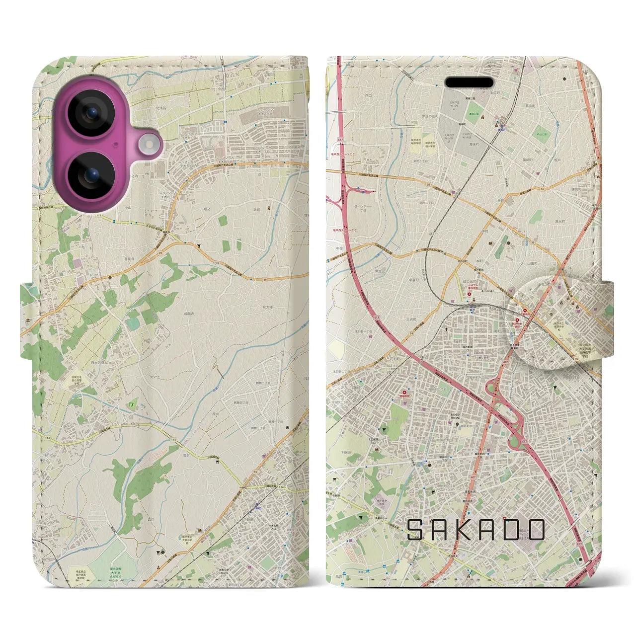【坂戸(埼玉県)】地図柄iPhoneケース(手帳タイプ)ナチュラル・iPhone 16 Pro 用