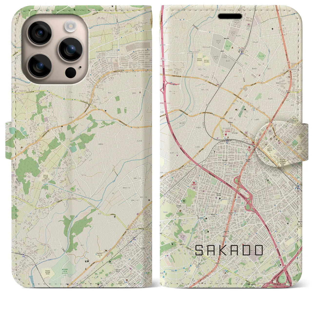 【坂戸(埼玉県)】地図柄iPhoneケース(手帳タイプ)ナチュラル・iPhone 16 Plus 用