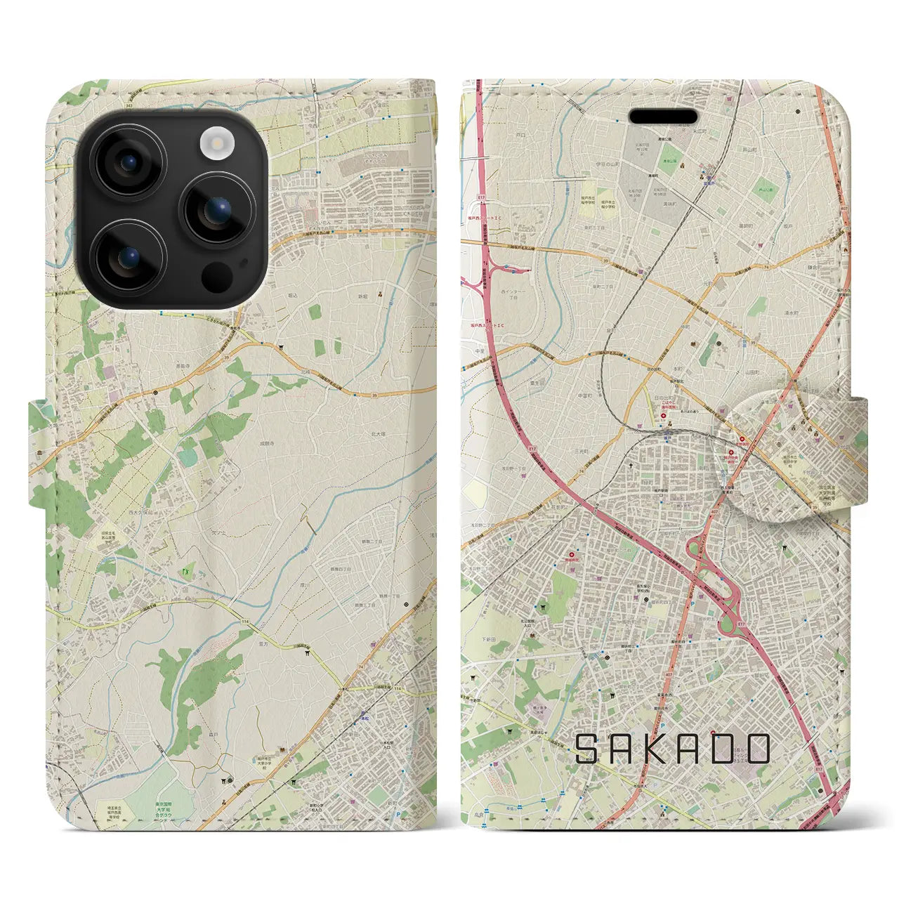 【坂戸(埼玉県)】地図柄iPhoneケース(手帳タイプ)ナチュラル・iPhone 16 用