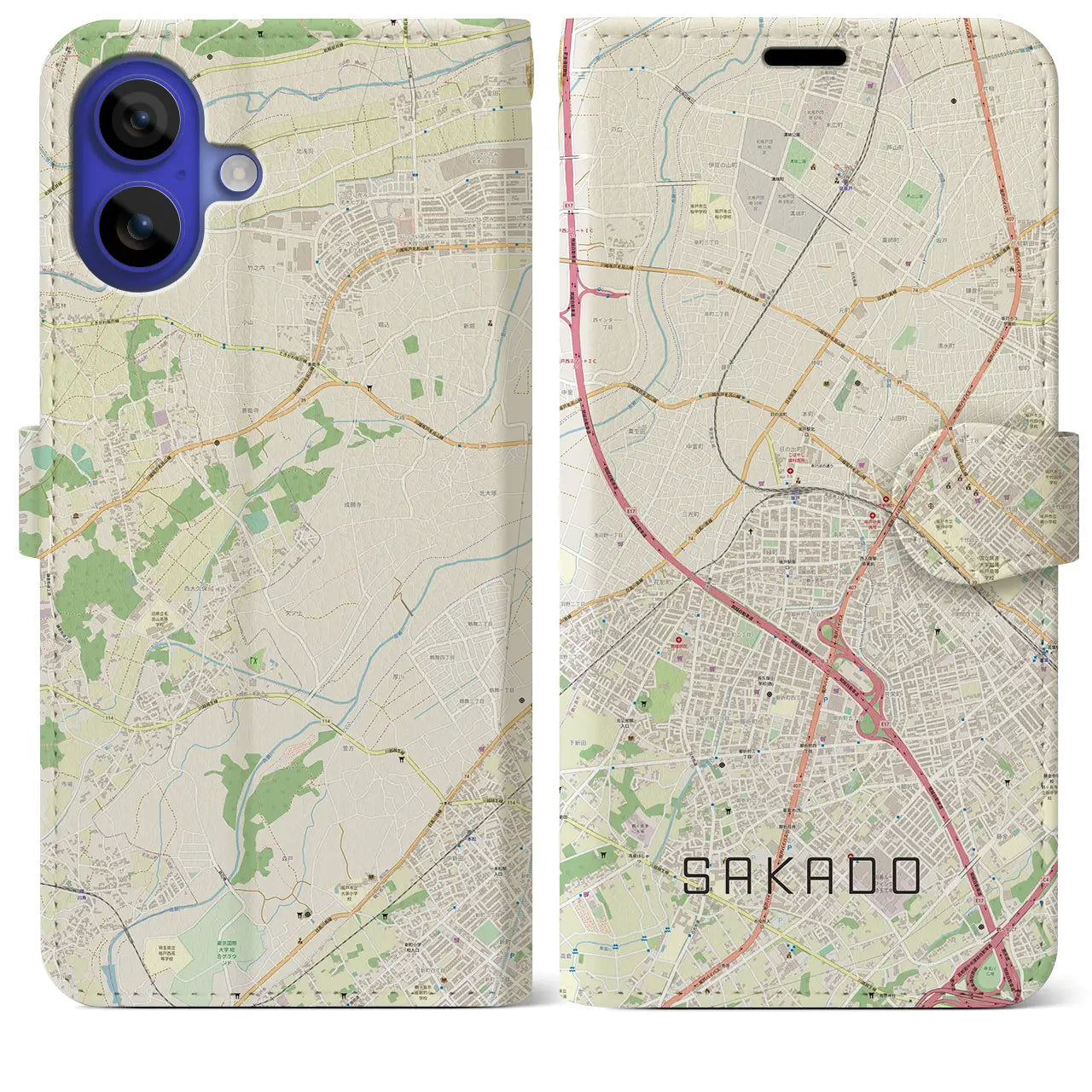 【坂戸(埼玉県)】地図柄iPhoneケース(手帳タイプ)ナチュラル・iPhone 16 Pro Max 用