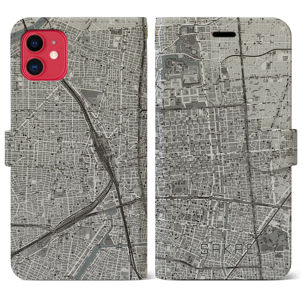 【栄(愛知県)】地図柄iPhoneケース(手帳タイプ)モノトーン・iPhone 11 用