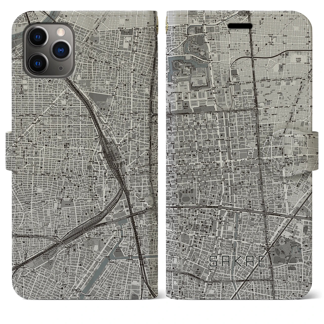 【栄(愛知県)】地図柄iPhoneケース(手帳タイプ)モノトーン・iPhone 11 Pro Max 用