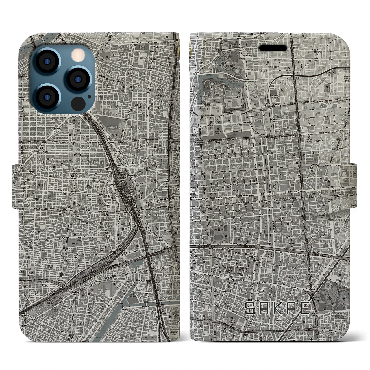 【栄(愛知県)】地図柄iPhoneケース(手帳タイプ)モノトーン・iPhone 12 / 12 Pro 用