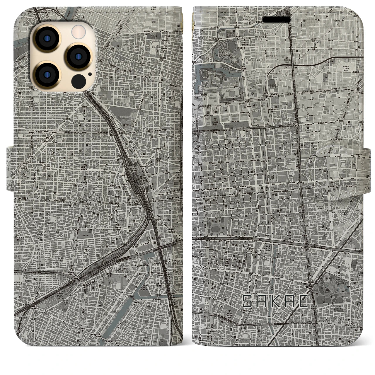 【栄(愛知県)】地図柄iPhoneケース(手帳タイプ)モノトーン・iPhone 12 Pro Max 用