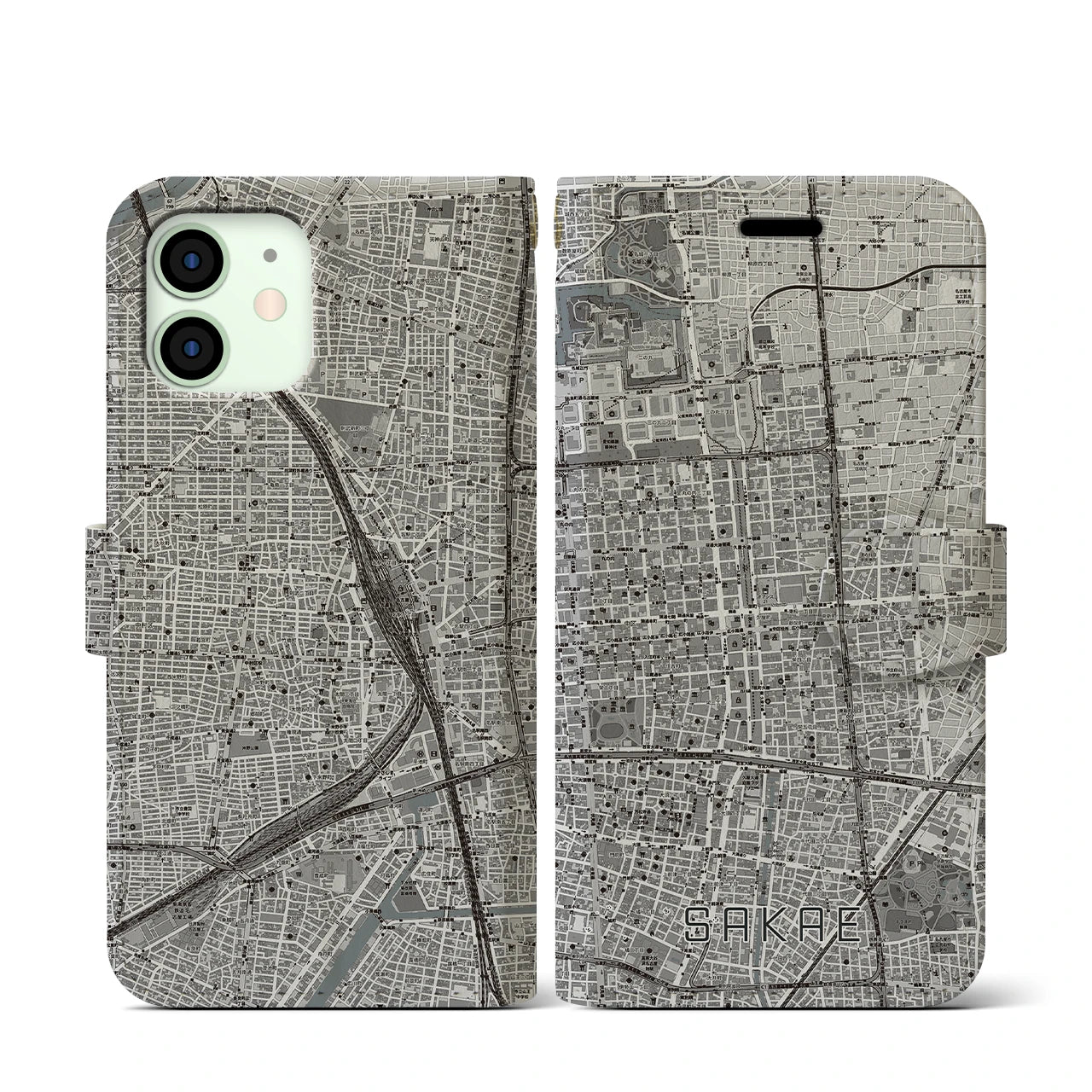 【栄(愛知県)】地図柄iPhoneケース(手帳タイプ)