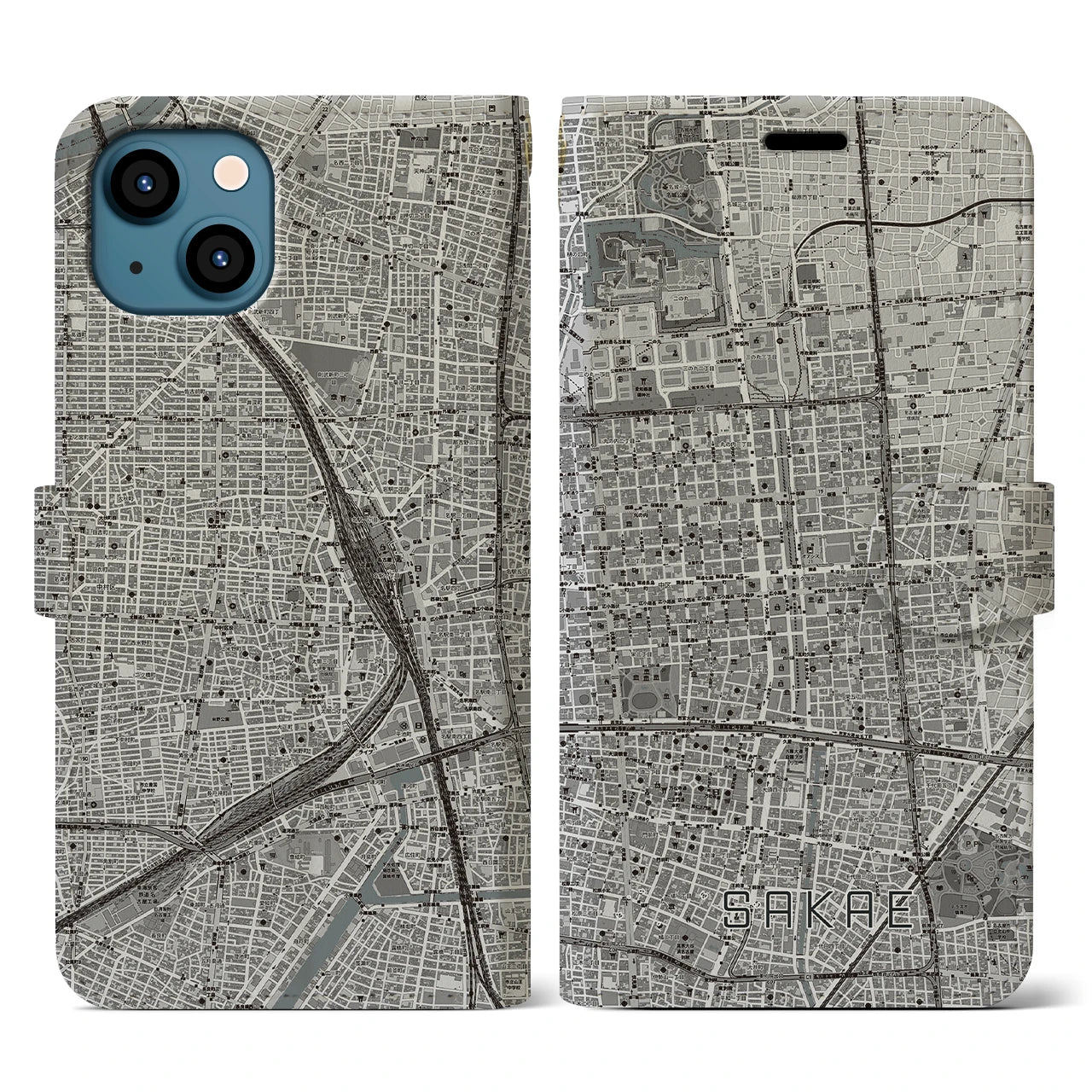 【栄(愛知県)】地図柄iPhoneケース(手帳タイプ)モノトーン・iPhone 13 用