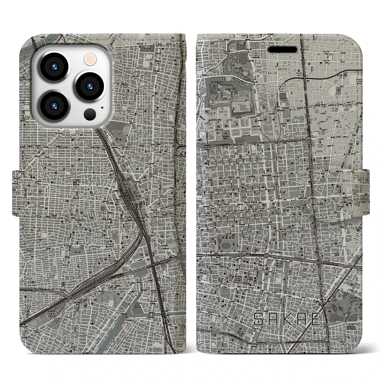 【栄(愛知県)】地図柄iPhoneケース(手帳タイプ)モノトーン・iPhone 13 Pro 用
