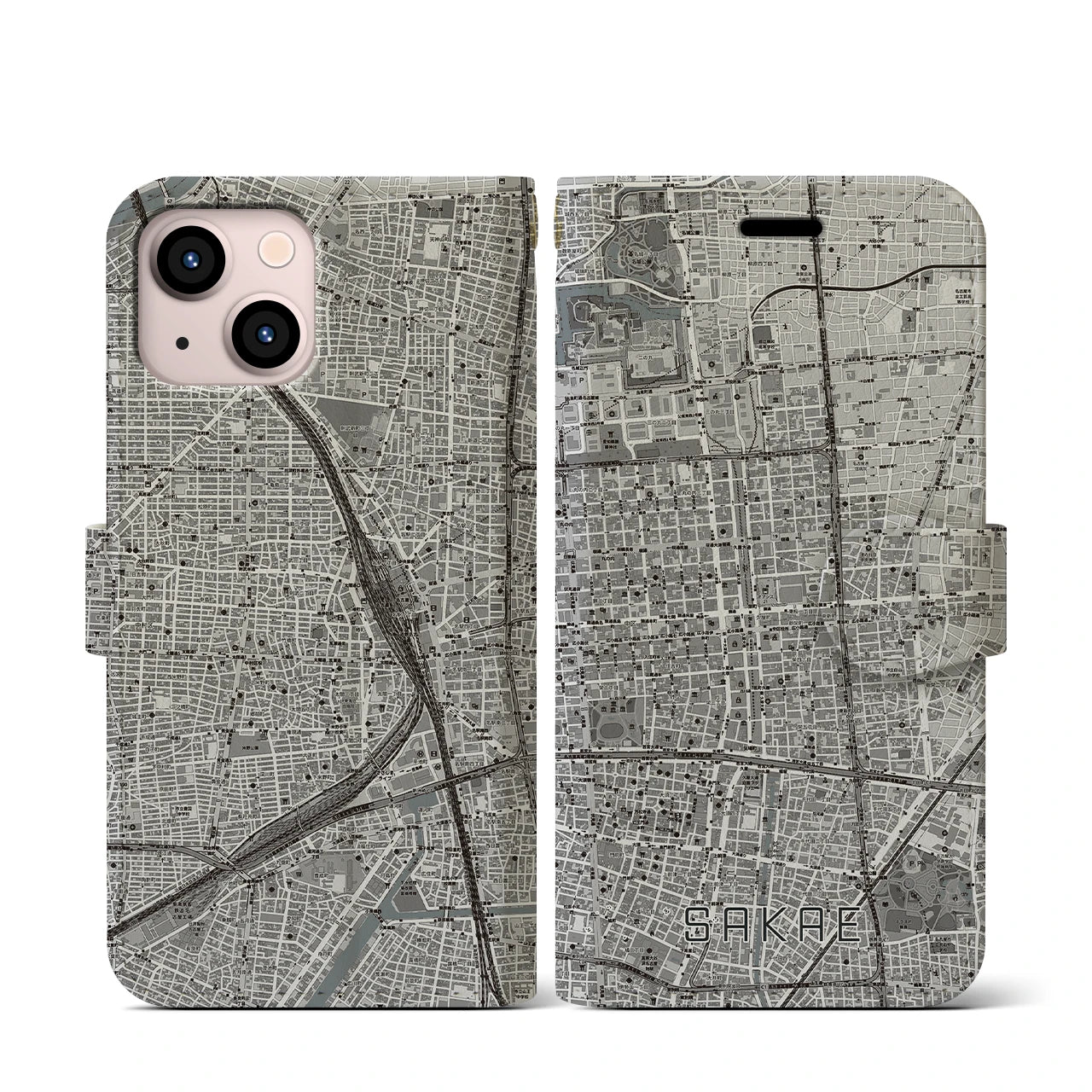 【栄(愛知県)】地図柄iPhoneケース(手帳タイプ)