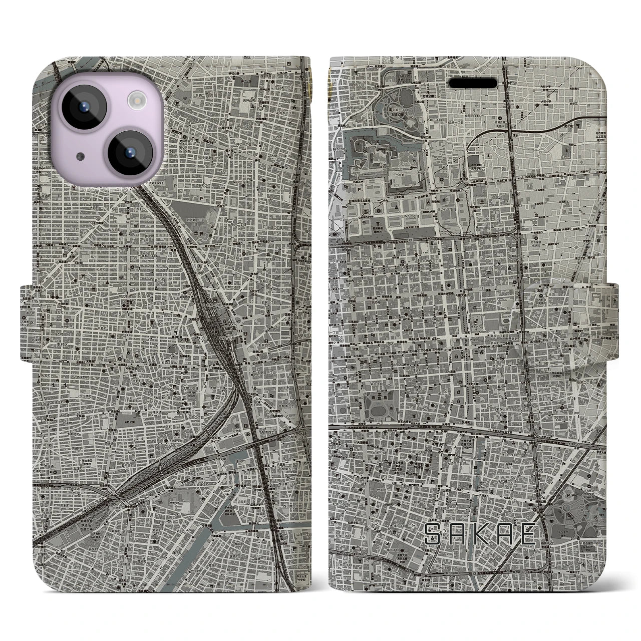 【栄(愛知県)】地図柄iPhoneケース(手帳タイプ)