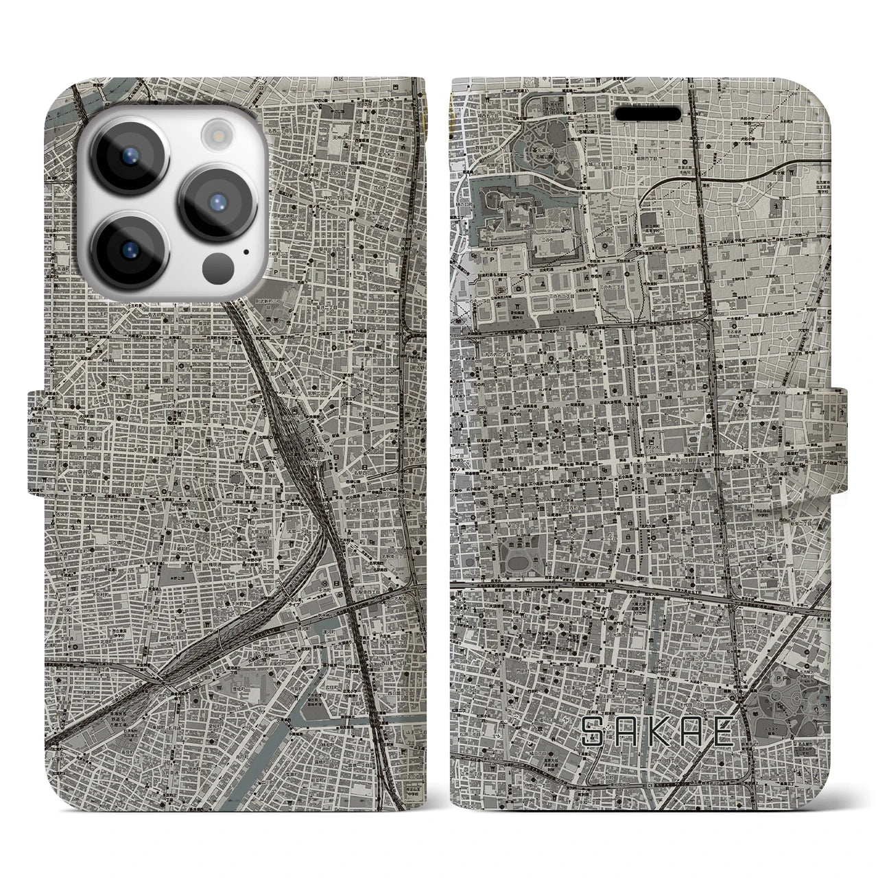 【栄(愛知県)】地図柄iPhoneケース(手帳タイプ)モノトーン・iPhone 14 Pro 用