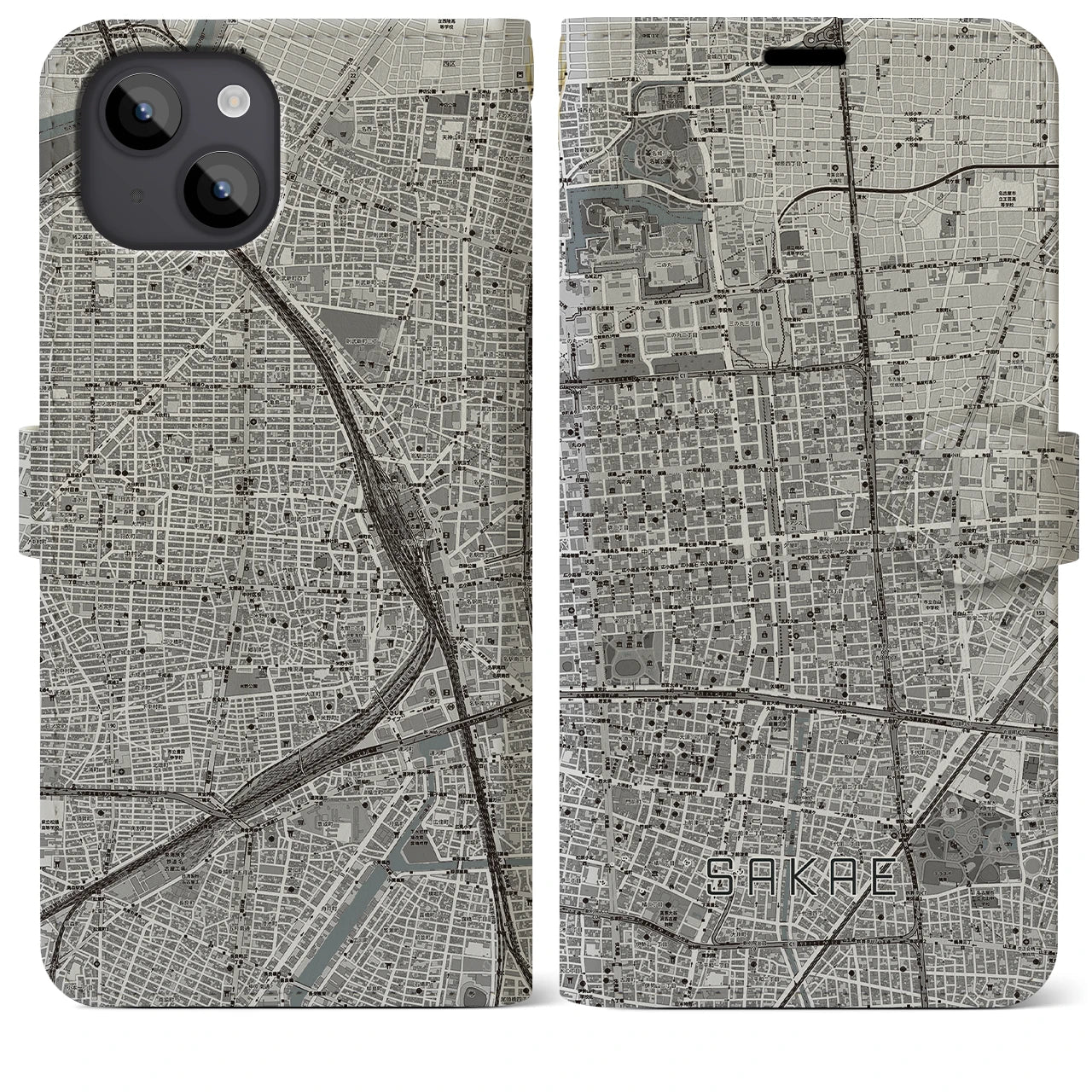 【栄(愛知県)】地図柄iPhoneケース(手帳タイプ)モノトーン・iPhone 14 Plus 用