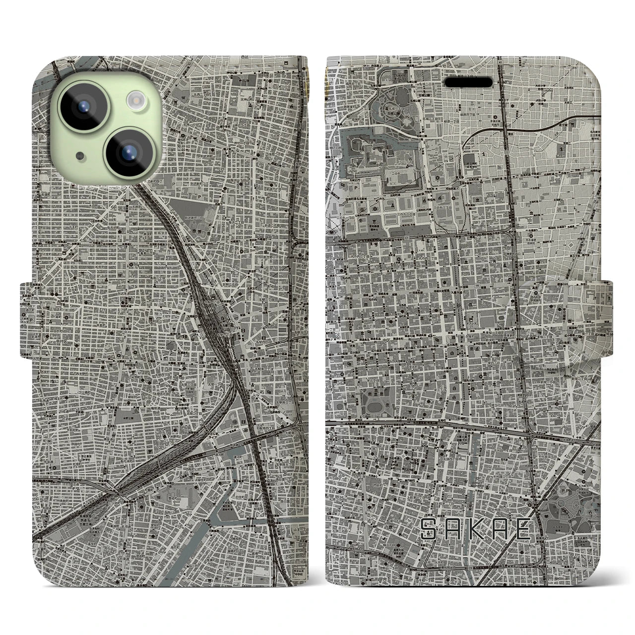 【栄(愛知県)】地図柄iPhoneケース(手帳タイプ)モノトーン・iPhone 15 用