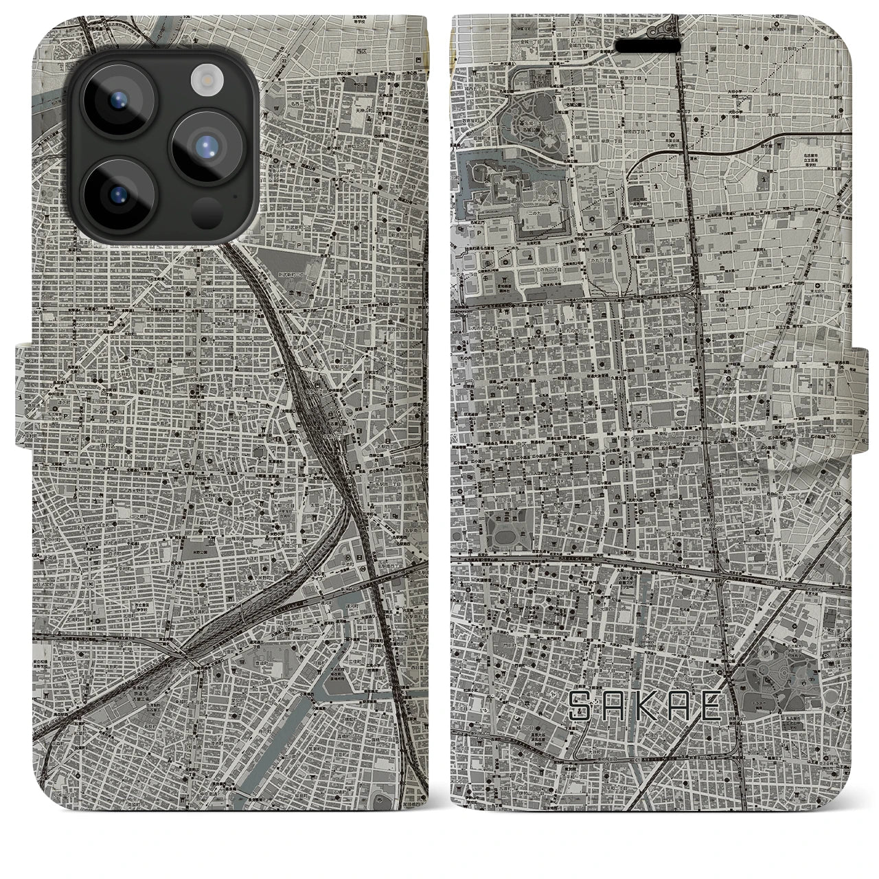 【栄(愛知県)】地図柄iPhoneケース(手帳タイプ)モノトーン・iPhone 15 Pro Max 用