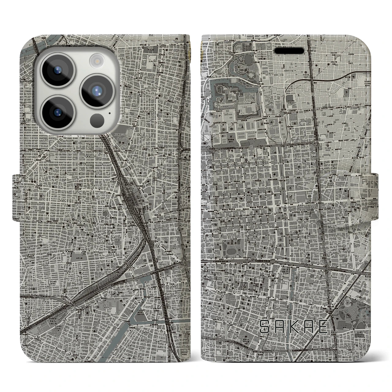 【栄(愛知県)】地図柄iPhoneケース(手帳タイプ)モノトーン・iPhone 15 Pro 用