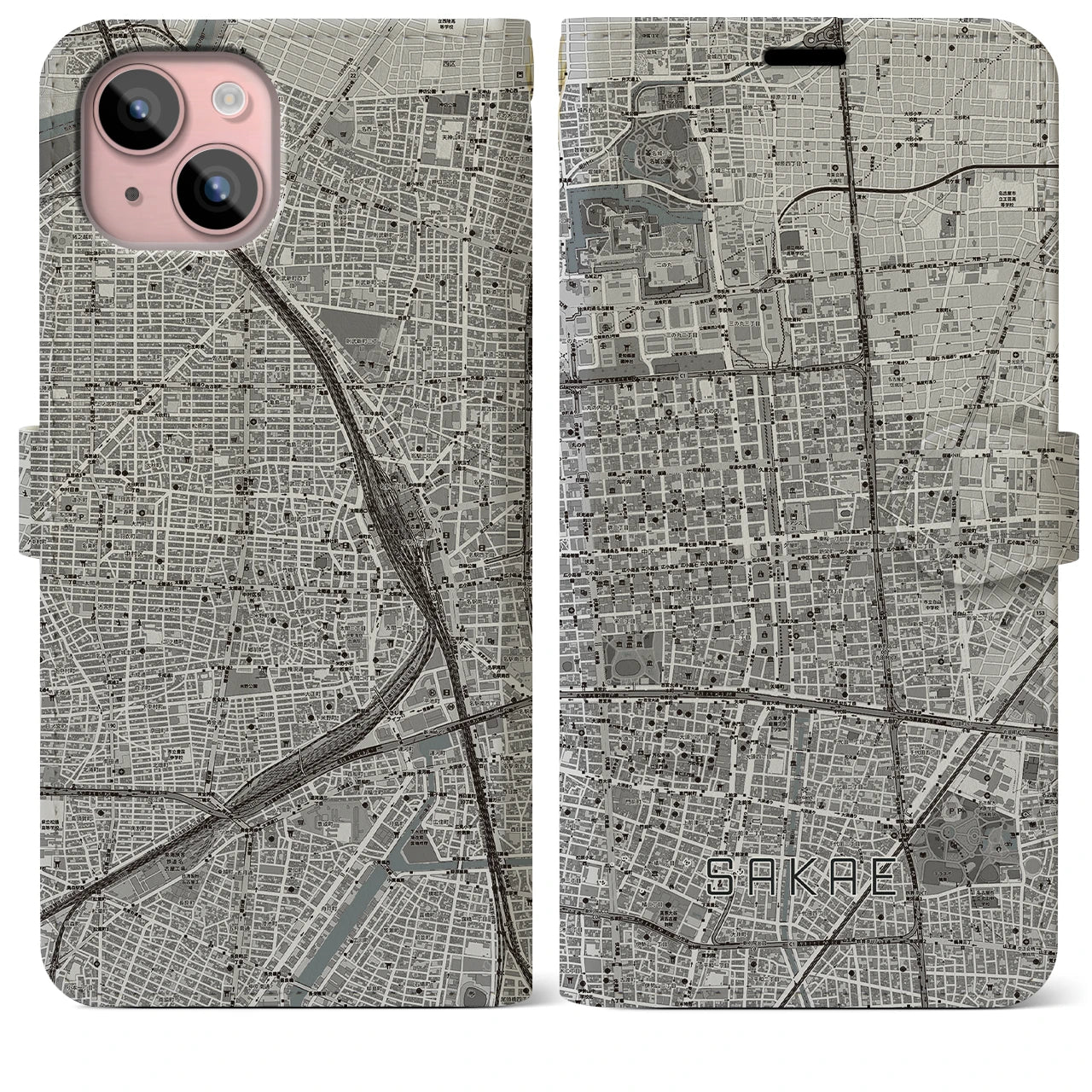 【栄(愛知県)】地図柄iPhoneケース(手帳タイプ)モノトーン・iPhone 15 Plus 用