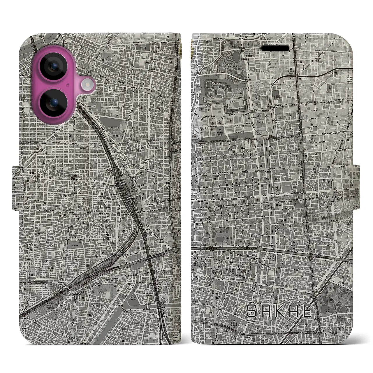 【栄(愛知県)】地図柄iPhoneケース(手帳タイプ)モノトーン・iPhone 16 Pro 用