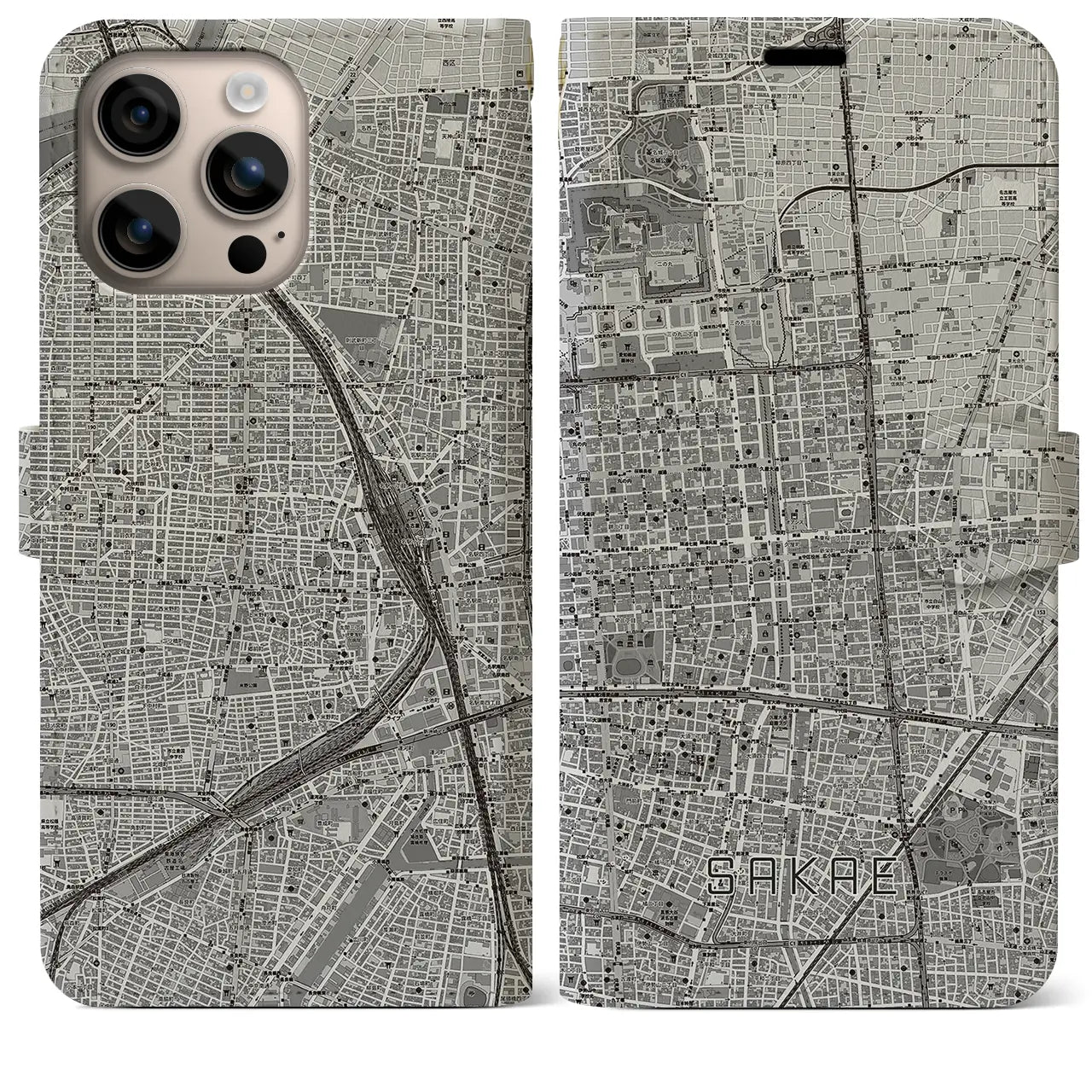 【栄(愛知県)】地図柄iPhoneケース(手帳タイプ)モノトーン・iPhone 16 Plus 用
