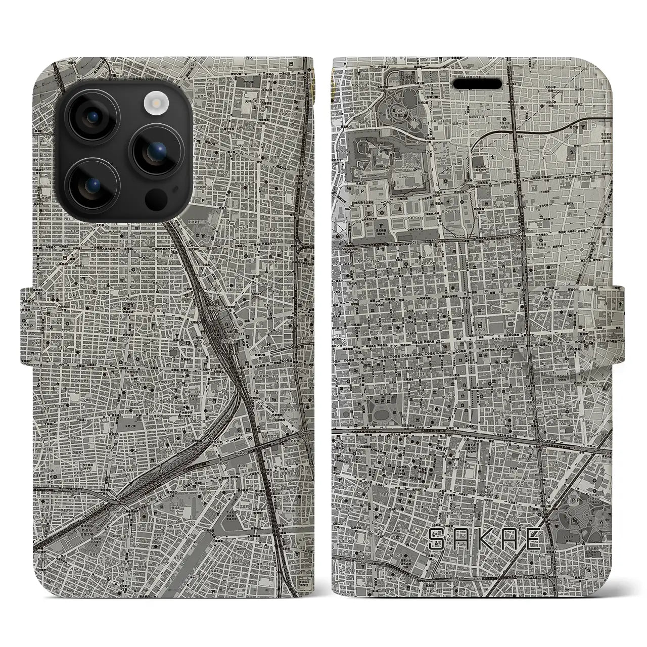 【栄(愛知県)】地図柄iPhoneケース(手帳タイプ)モノトーン・iPhone 16 用