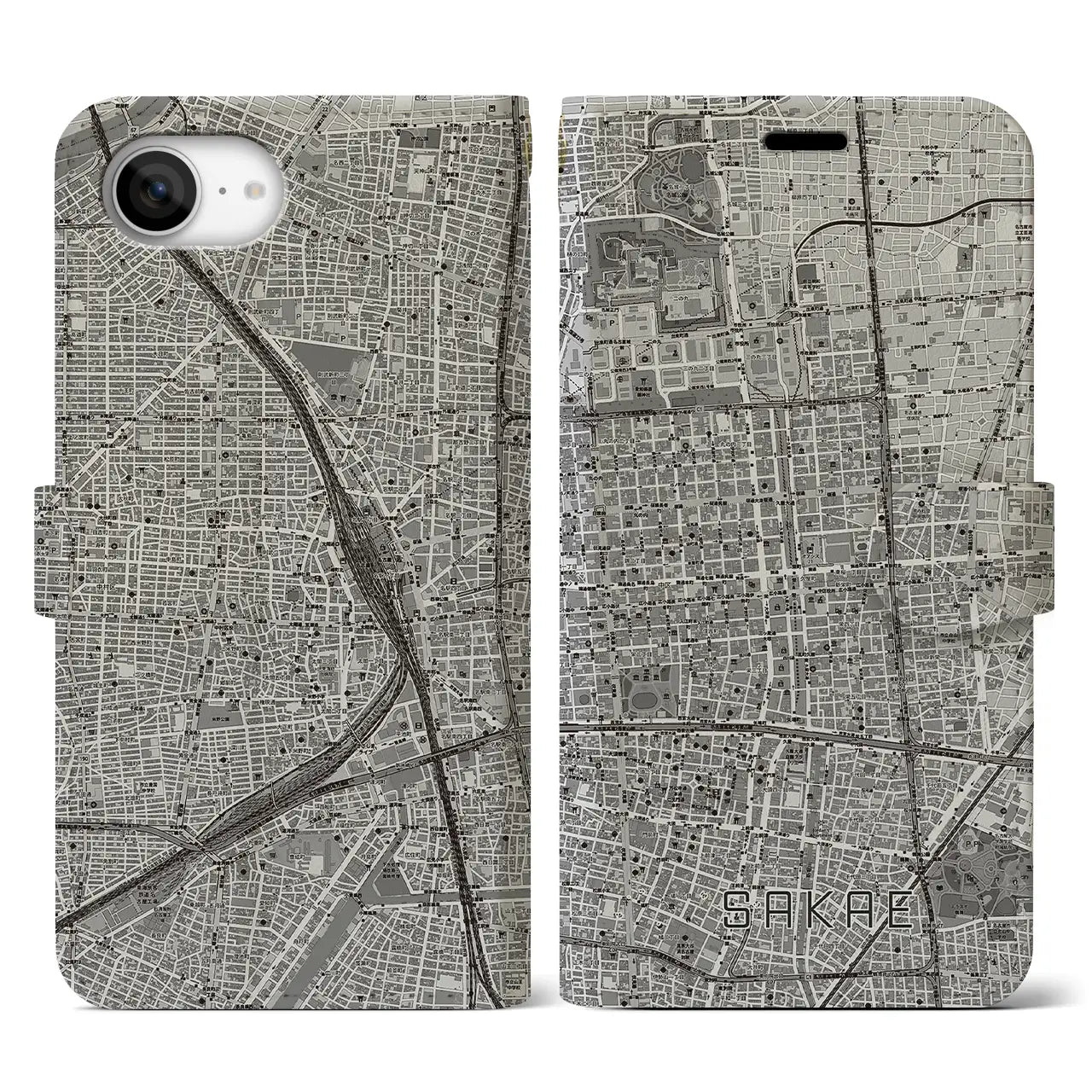 【栄(愛知県)】地図柄iPhoneケース(手帳タイプ)