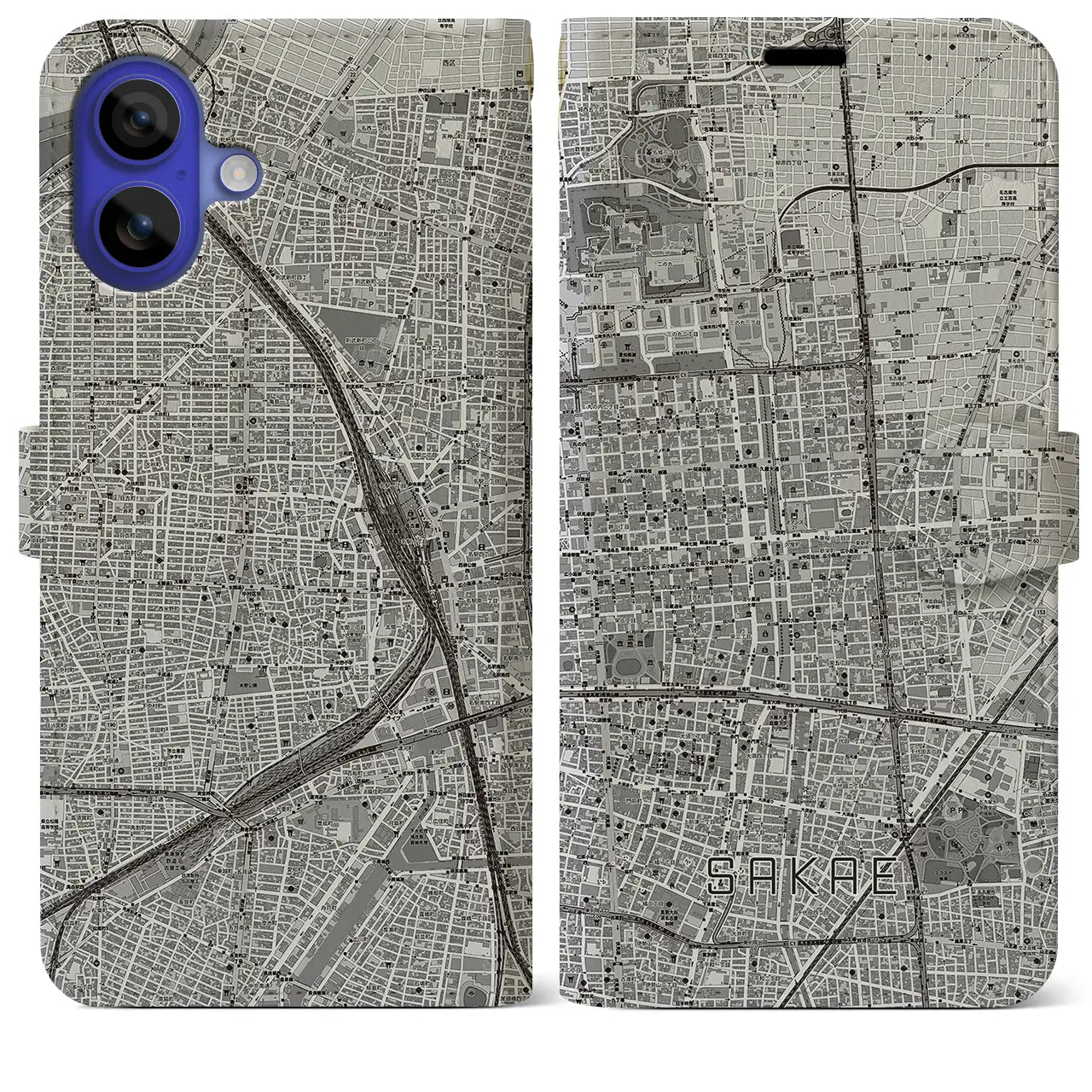 【栄(愛知県)】地図柄iPhoneケース(手帳タイプ)モノトーン・iPhone 16 Pro Max 用