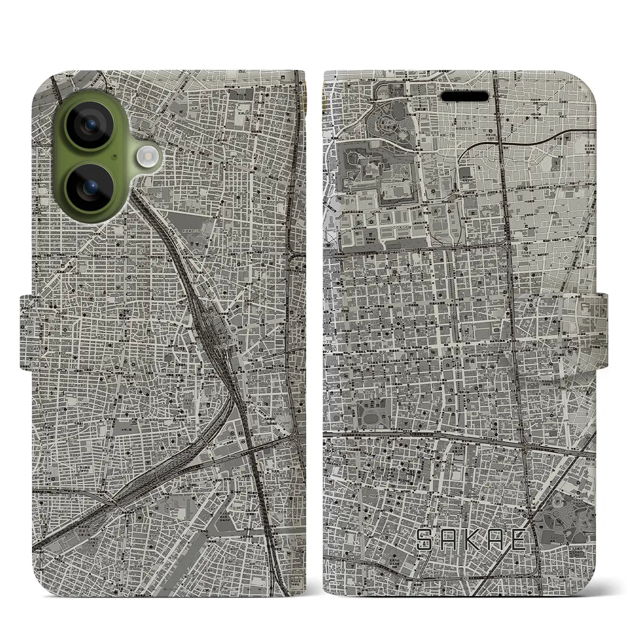 【栄(愛知県)】地図柄iPhoneケース(手帳タイプ)