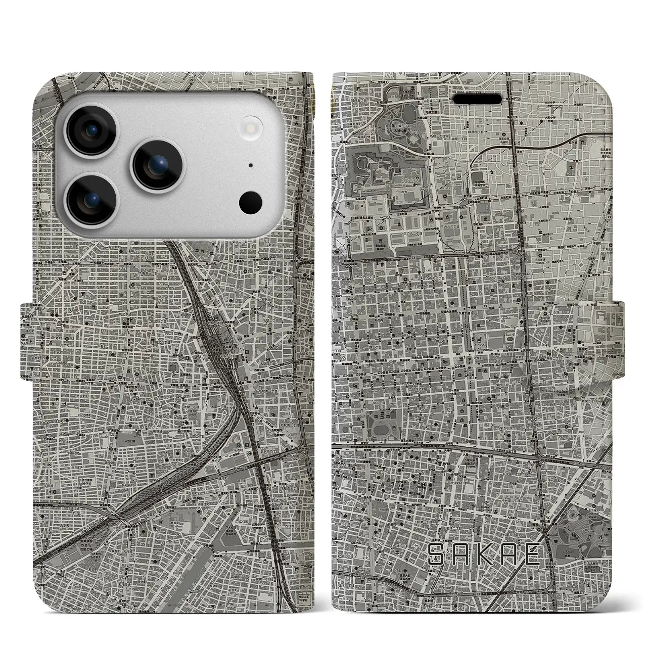 【栄(愛知県)】地図柄iPhoneケース(手帳タイプ)