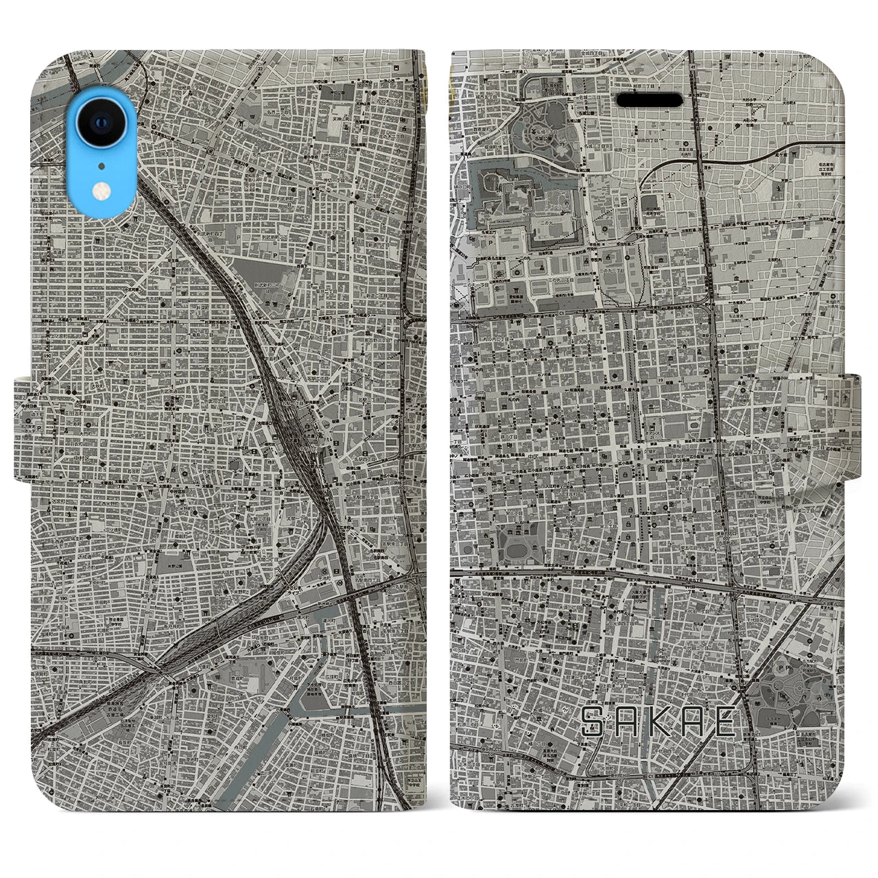 【栄(愛知県)】地図柄iPhoneケース(手帳タイプ)モノトーン・iPhone XR 用