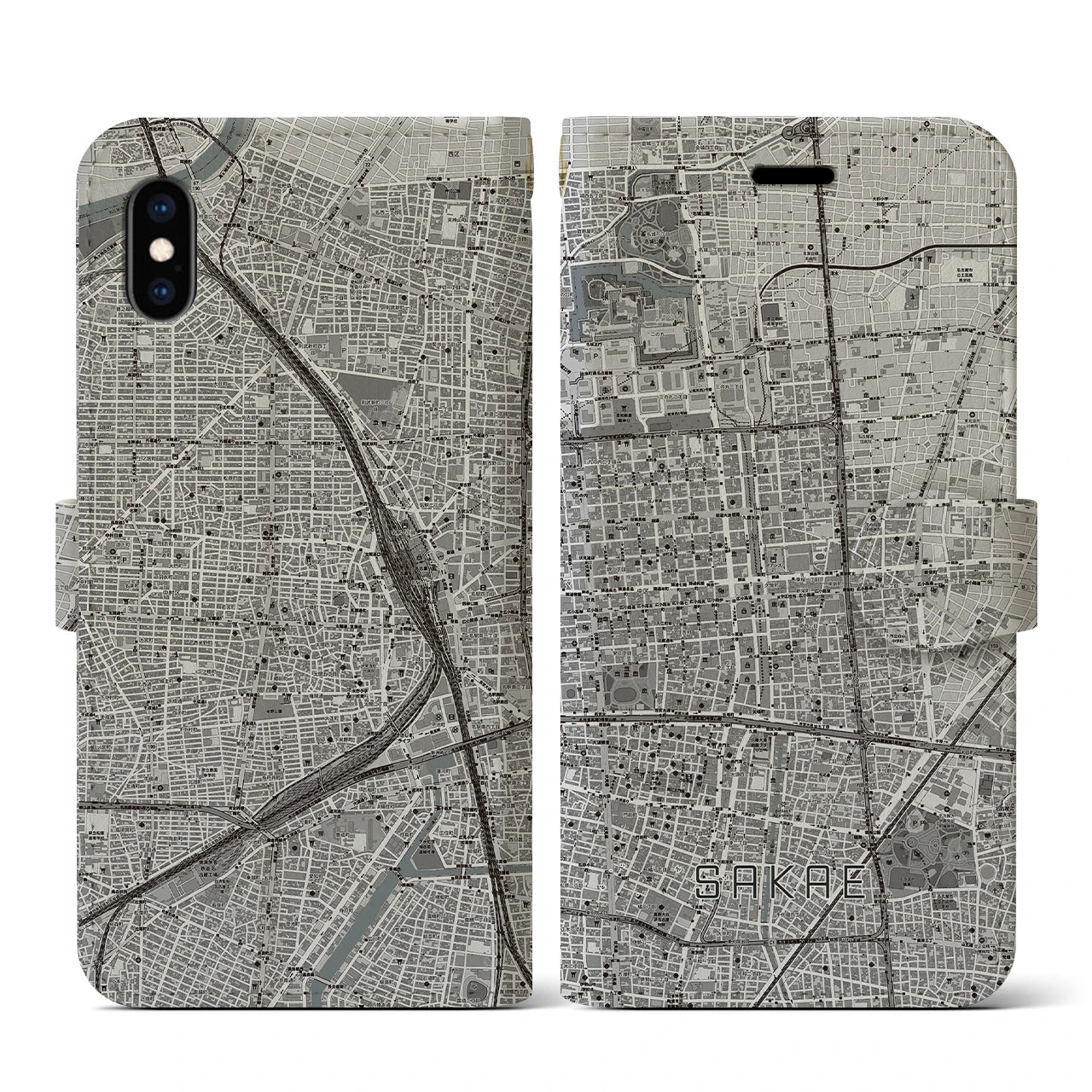 【栄(愛知県)】地図柄iPhoneケース(手帳タイプ)モノトーン・iPhone XS / X 用