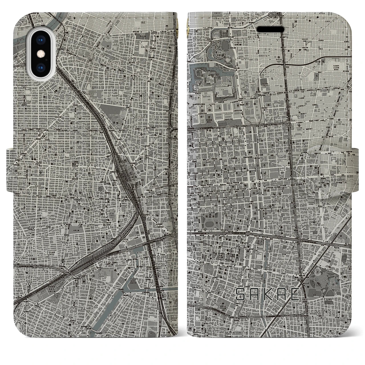 【栄(愛知県)】地図柄iPhoneケース(手帳タイプ)モノトーン・iPhone XS Max 用