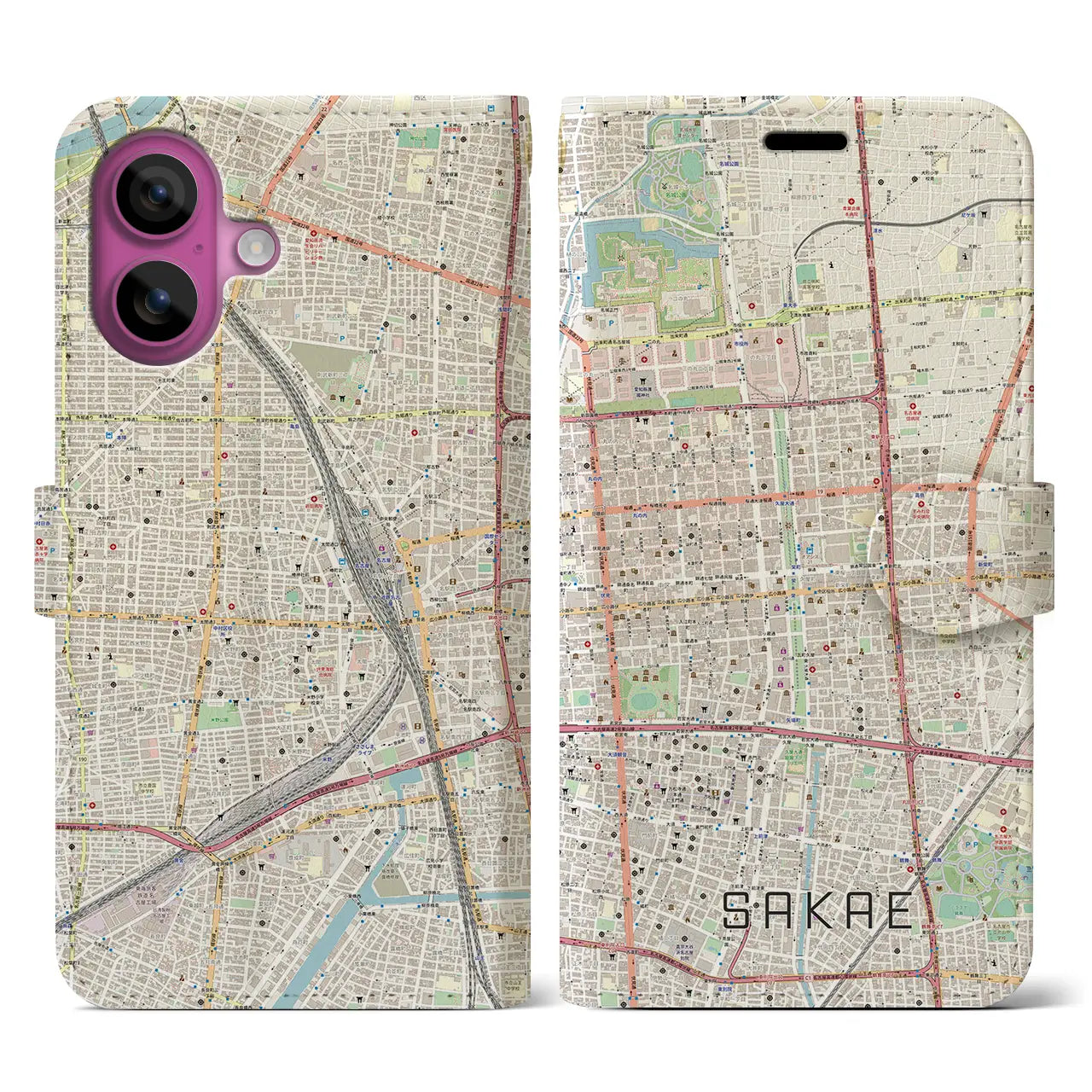 【栄(愛知県)】地図柄iPhoneケース(手帳タイプ)ナチュラル・iPhone 16 Pro 用