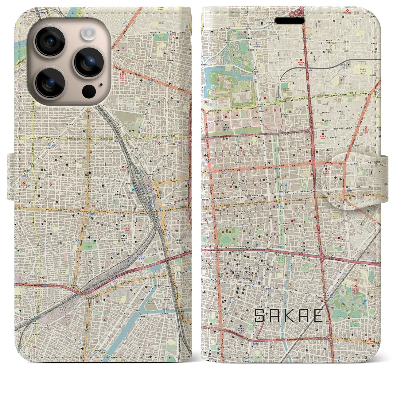 【栄(愛知県)】地図柄iPhoneケース(手帳タイプ)