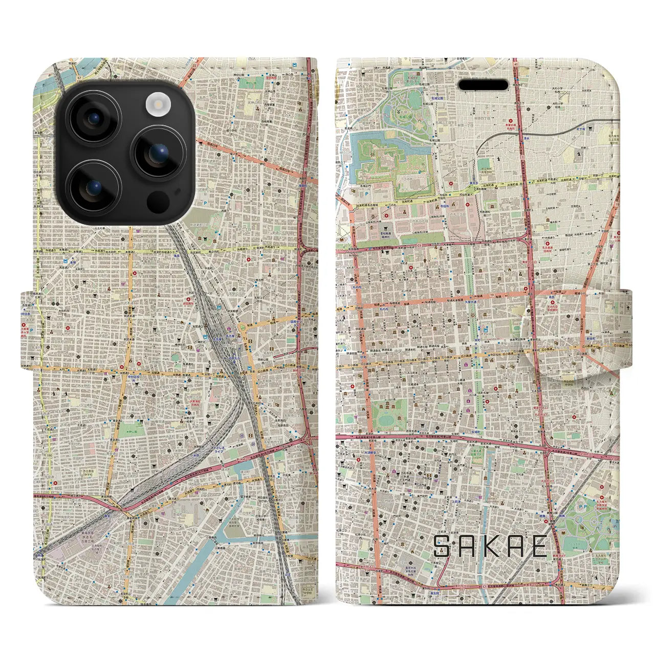 【栄(愛知県)】地図柄iPhoneケース(手帳タイプ)ナチュラル・iPhone 16 用