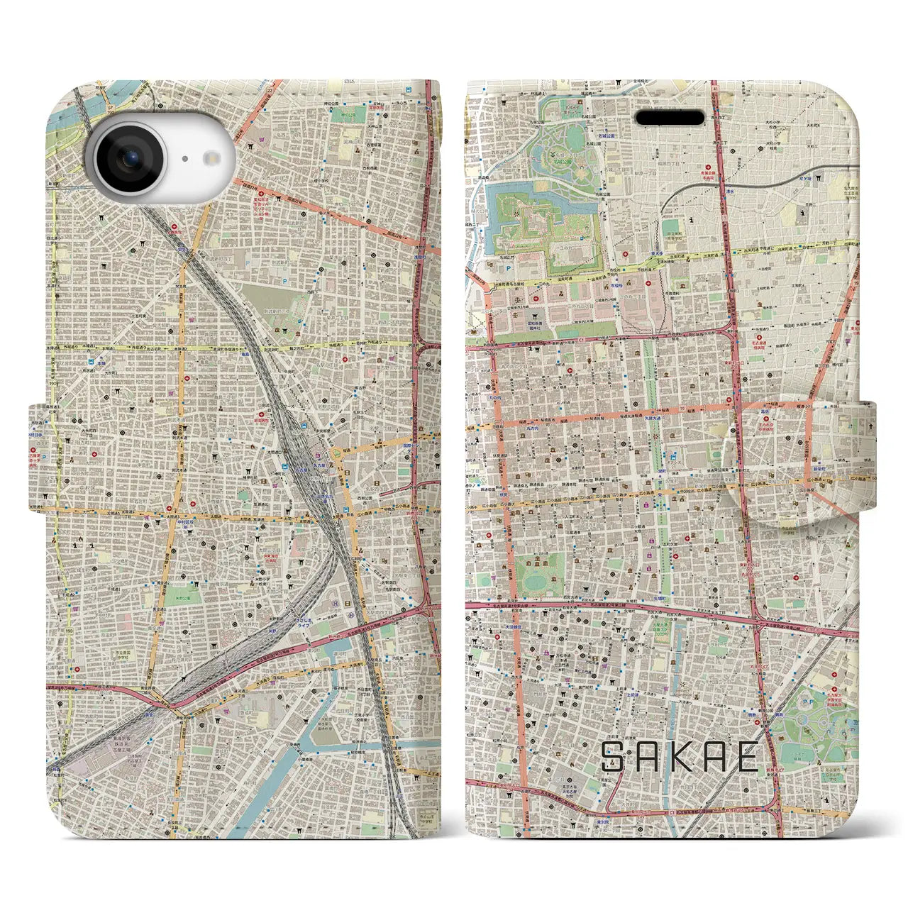 【栄(愛知県)】地図柄iPhoneケース(手帳タイプ)