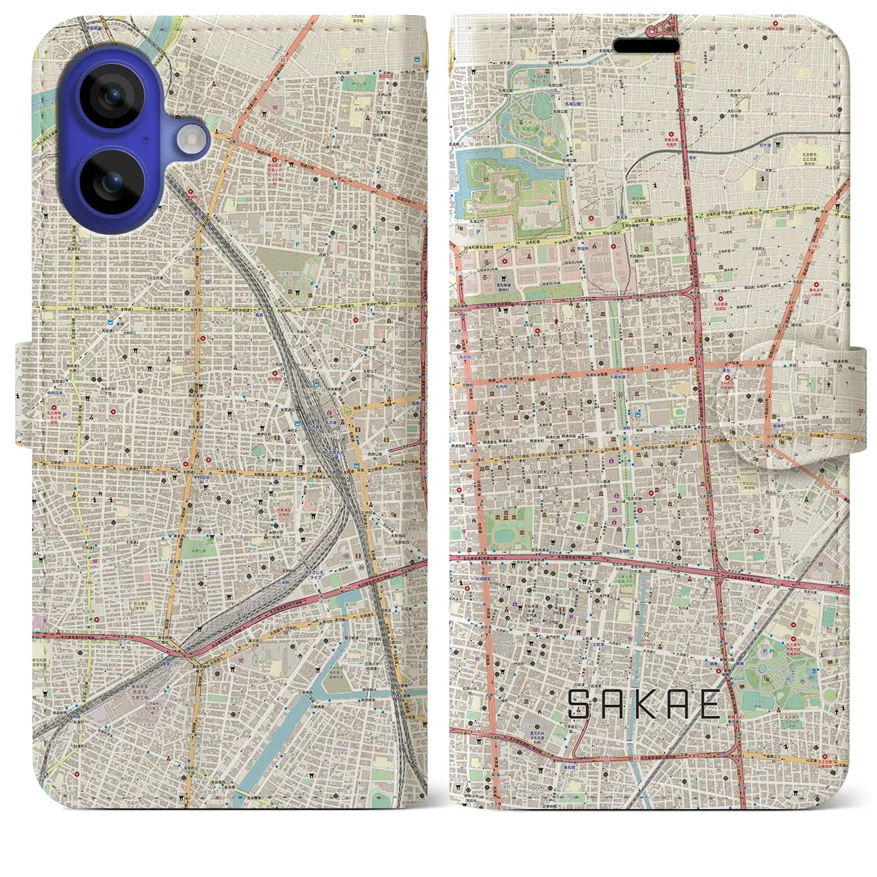 【栄(愛知県)】地図柄iPhoneケース(手帳タイプ)ナチュラル・iPhone 16 Pro Max 用